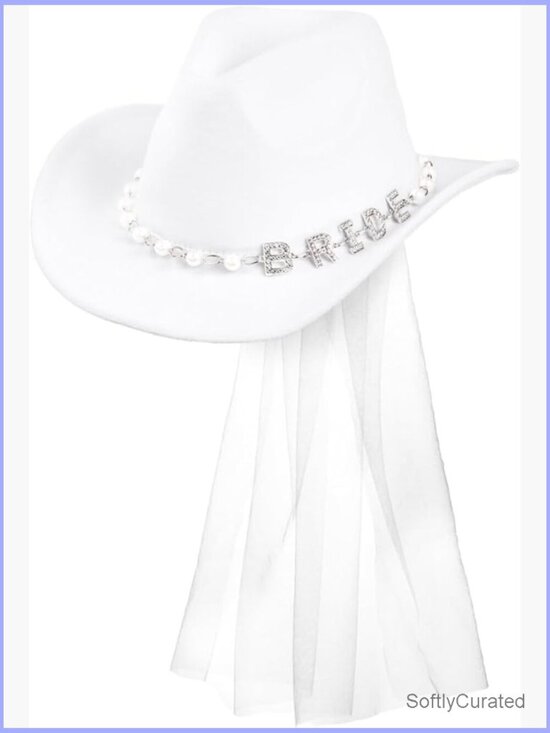 White Felt Cowgirl Hat with Rhinestone Bride & Veil - Bachelorette Party main image 4